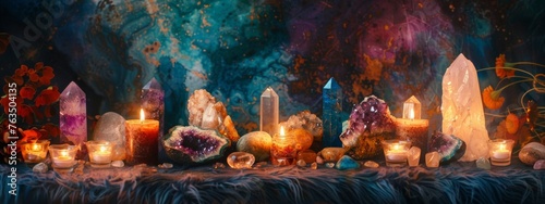 Beautiful esoteric and mystical altar for meditation with crystals and semi-precious stones.