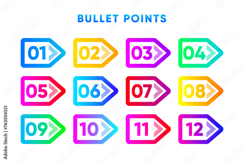 Bullet Points. Direction Number from one to twelve. Different color a drops. Vector illustration. Bullet Points. Direction Number from one to twelve. Different color a drops. Vector illustration.