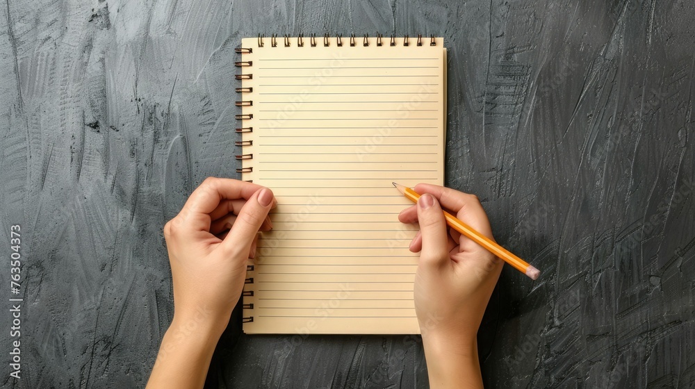 Obraz premium blank light brown notebook with lines, held by two hands and writing in notepad with pencil, gray background, top view.