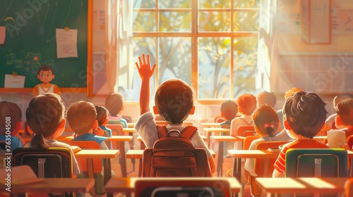 A portrait of a boy in kindergarten raising his hand to ask a question to his friend in front.