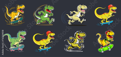 T-Rex skateboarding and Running mascot vector illustration collection. Generative AI