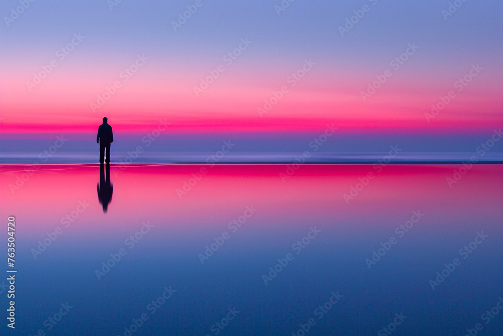 Solitary figure standing on a reflective surface with a serene pink and blue gradient horizon Solitary figure standing on a reflective surface with a serene pink and blue gradient horizon