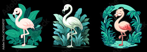 Serene flamingo mascot illustration set amidst lush foliage. Generative AI