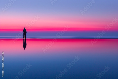 Solitary figure standing on a reflective surface with a serene pink and blue gradient horizon