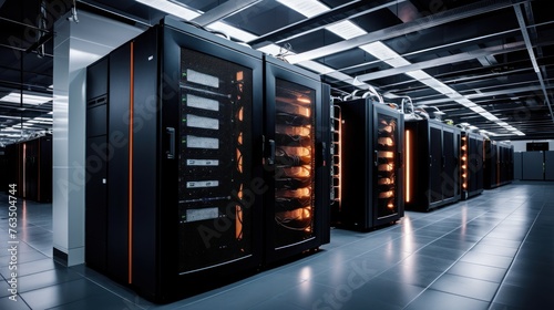 Depict a state of the art data center with rows of server racks, cooling systems, and redundant power supplies