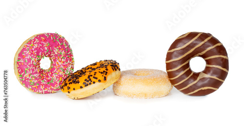 A stack of fresh decorated donuts on a white background © gertrudda