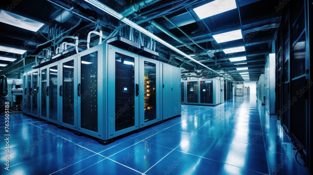 Depict a state of the art data center with rows of server racks, cooling systems, and redundant power supplies Depict a state of the art data center with rows of server racks, cooling systems, and redundant power supplies