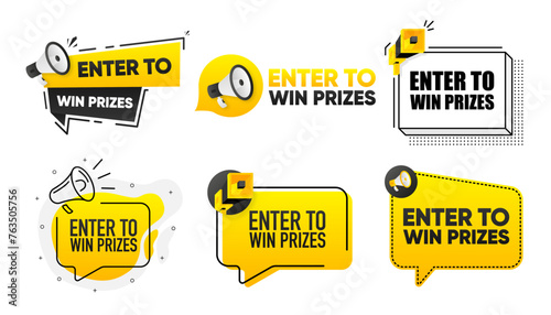 Enter to Win Prizes. Megaphone label collection with text. Marketing and promotion. Vector Illustration.