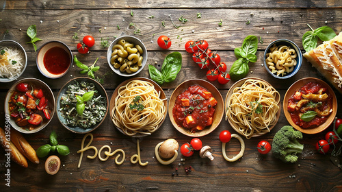 A bustling Italian kitchen with chefs expertly preparing dishes, the word food spelled out in spaghetti noodles on a countertop, real photo photo