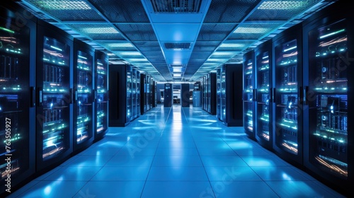 Depict a state of the art data center with rows of server racks, cooling systems, and redundant power supplies photo