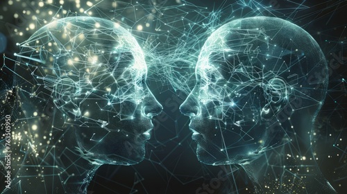 Two highly advanced heads made out of artificial neural network, communicating with each other. Futuristic with neurons in the background connecting with each other