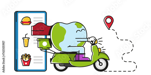Land on a moped does courier delivery. Graphic design. Vector illustration.