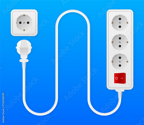 Socket Extension cord. Electric Power outlet plug. Current equipment with different ports connectors. Vector illustration.