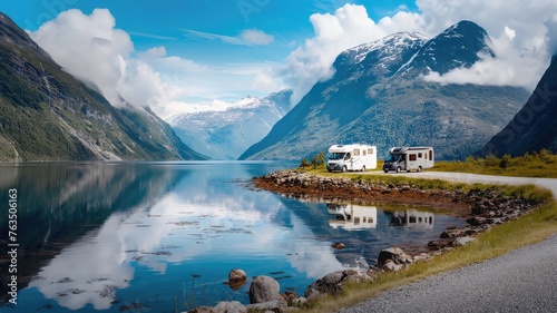 a motorhome trip through the breathtaking natural landscapes of Norway, capturing the beauty of caravan travel amidst stunning scenery.