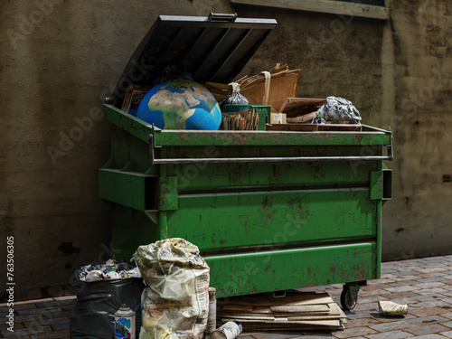 3D rendering of Earth globe in big dumpster with domestic trashes and wastes