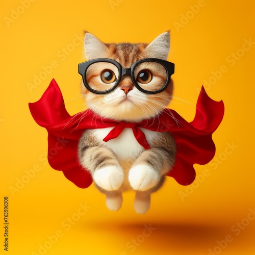 Very funny cute cat wearing red and yellow background