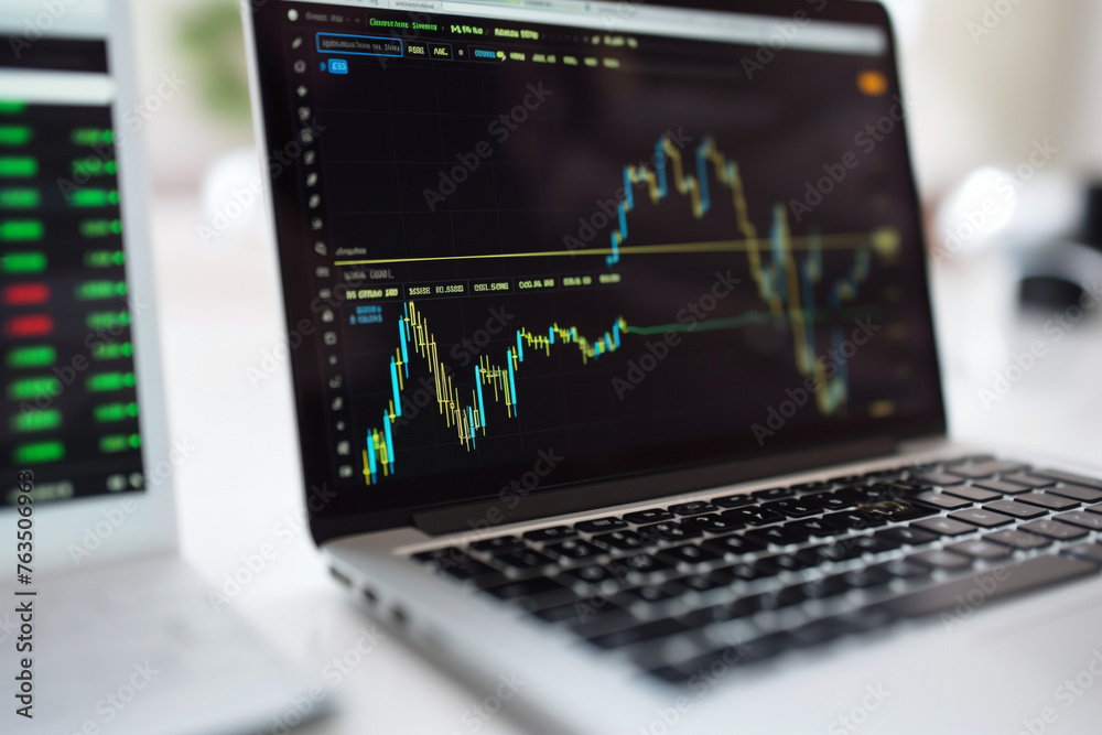 Financial stock market on a laptop screen. Stock market curve on screen. Investing in the stock market. Sotck exchange. Stock market training. Financial stock market on a laptop screen. Stock market curve on screen. Investing in the stock market. Sotck exchange. Stock market training.