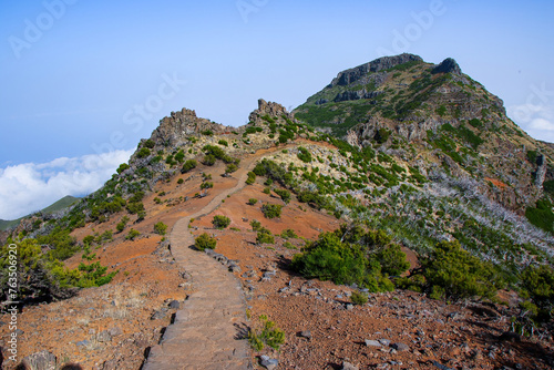 Paved footpath of the PR 1.2 trail climbing to the Pico Ruivo, the highest mountain peak on Madeira island (Portugal) in the Atlantic Ocean