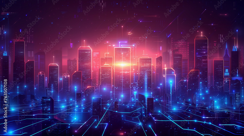 city scape technology network system buildings. circuit line blue neon background.