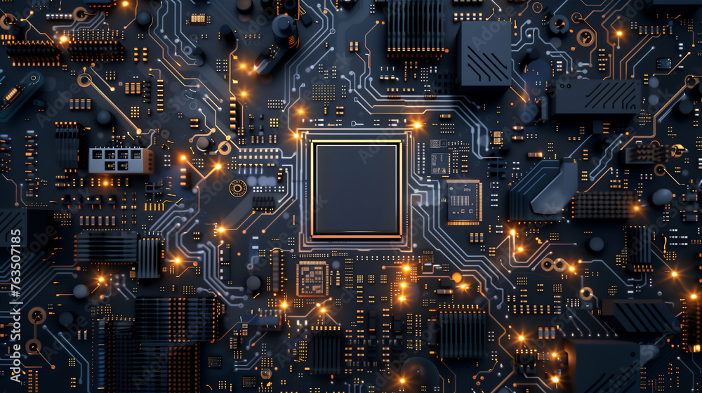 © Siwaporn - top view microchip and circuit circuit. cpu motherboard digital chip technology background.