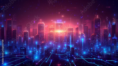 city scape technology network system buildings. circuit line blue neon background.