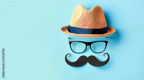 Man s face made from hat paper mustache and glasses on blue background. Creative banner for male fashion Father s day holiday