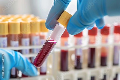 Scientist with gloved hand examines blood sample in tube. Medical research, health diagnostics. Laboratory precision in clinical analysis. Essential for science, medicine studies