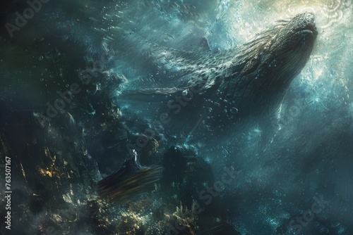 Enigmatic underwater scene with creatures adorned in metallic scales, surrounded by a mysterious, textured aquatic environment, exploring the unknown.
