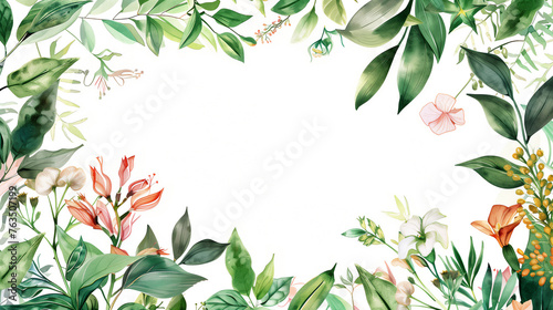 watercolor of flowers and leave frame, green botanical border on white background.