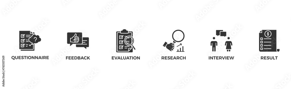 Survey banner web icon vector illustration concept for customer satisfaction questionnaire feedback with icon of evaluation, research, interview and result Survey banner web icon vector illustration concept for customer satisfaction questionnaire feedback with icon of evaluation, research, interview and result