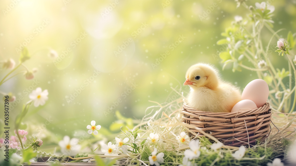 Cute little fluffy yellow chicken in wicker basket Easter eggs chamomile flowers. Pastel colors soft morning light