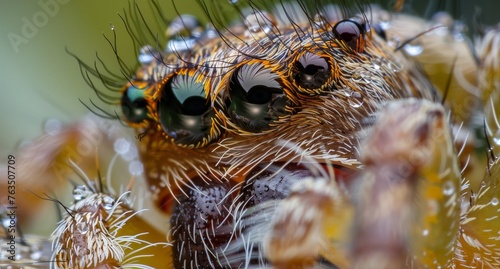 A close-up view of a spider crawling on a green plant  showcasing intricate details of its body and surroundings