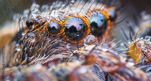 Detailed close-up view of the multiple eyes of a spider, showcasing their intricate structure and reflective appearance