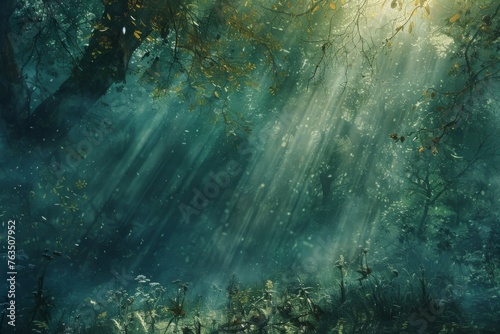 Mystical abstract portrayal of a hidden forest glade, with light shafts, shadows, and an air of enchantment.