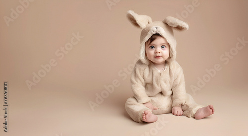 A baby in a fluffy Easter Bunny costume