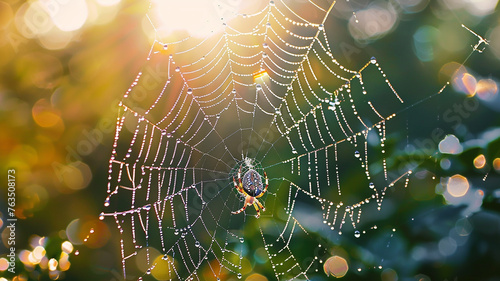 A spider web glistens with water droplets, reflecting the light and showcasing intricate patterns