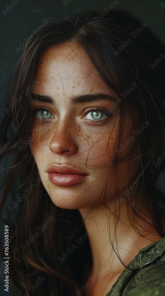 Portrait of a girl from Ireland with freckled skin. Her features are highlighted by the freckles on her face, and she looks casual yet stylish