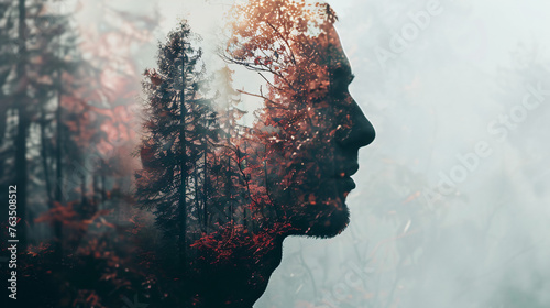 Nature's Reflection: Double Exposure Artwork Blending a Man's Profile with a Serene Forest Landscape