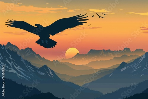 Vector illustration of a majestic eagle soaring above mountain peaks, with a sunset sky in the background.