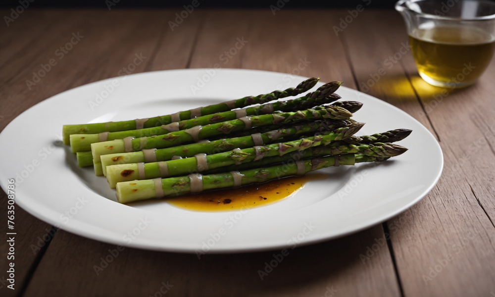 Cooked green asparagus in a white plate with sauce against a wooden table. Cooked green asparagus in a white plate with sauce against a wooden table.