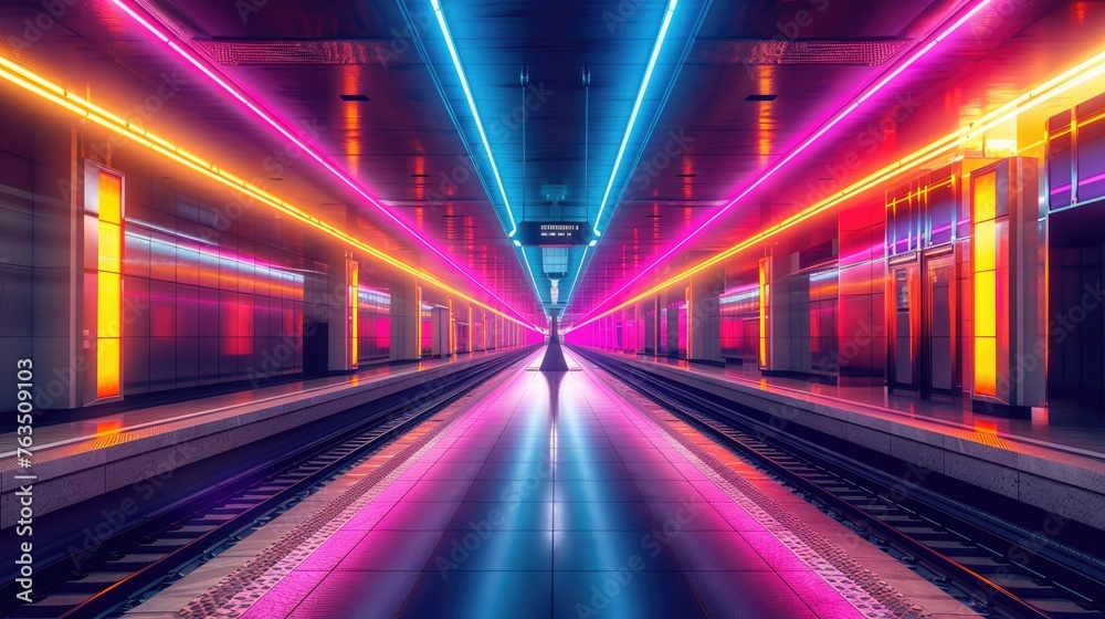 A high-speed train station bathed in neon light, symbolizing the fusion of technology and design