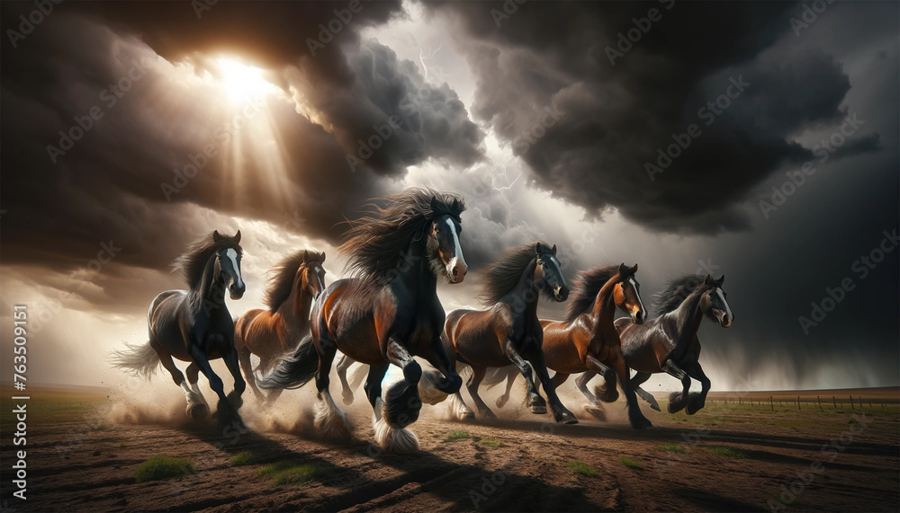 An image depicting wild horses galloping across an open field with a ...