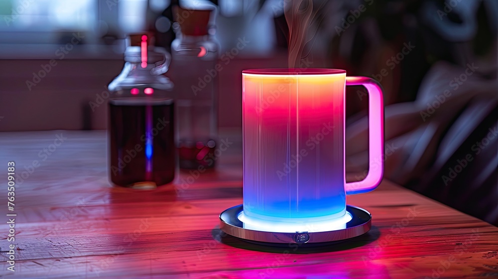 A high-tech, neon-lit smart mug maintaining your drink's perfect temperature A high-tech, neon-lit smart mug maintaining your drink's perfect temperature