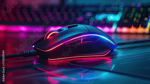 A high-tech, neon gaming mouse with customizable buttons and lighting