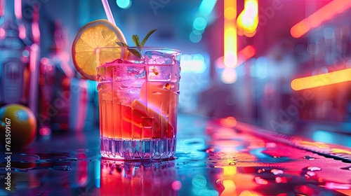 A neon-accented AI for cocktail creation experimenting with flavors and presentations photo