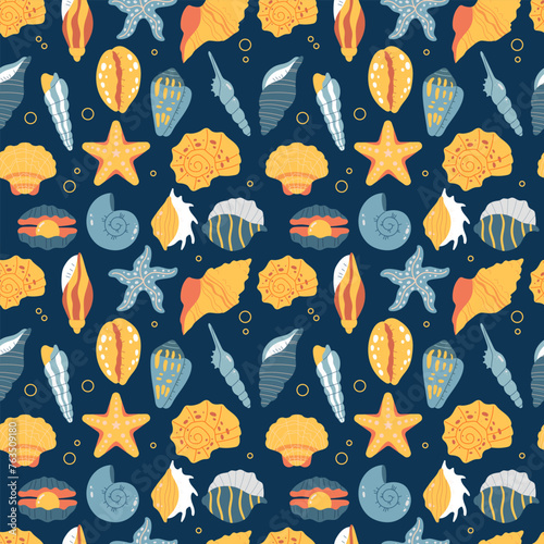 Sea and ocean seashells seamless pattern. Vector illustration