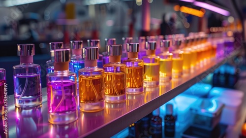 A neon-accented AI perfume creator designing custom fragrances based on mood and preferences