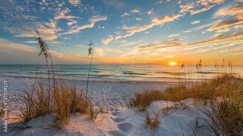 Serene Beach Sunset with Sea Oats and Fluffy Clouds on Shoreline