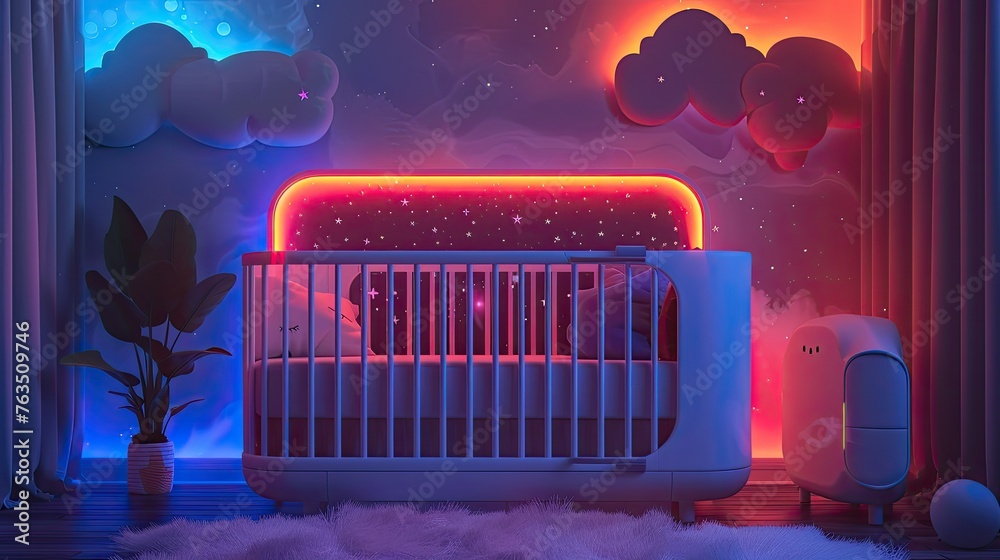 A smart, neon-lit baby crib monitoring sleep and playing lullabies - obrazy, fototapety, plakaty 