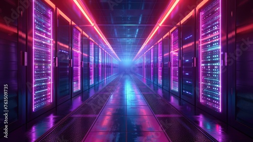 A neon-tinged quantum computing facility crunching complex data